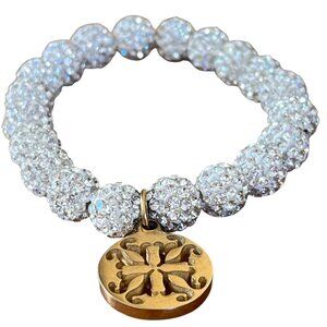 Rustic Cuff Stretch Silver & Gold Logo Shambala Pave Rhinestone Bracelet